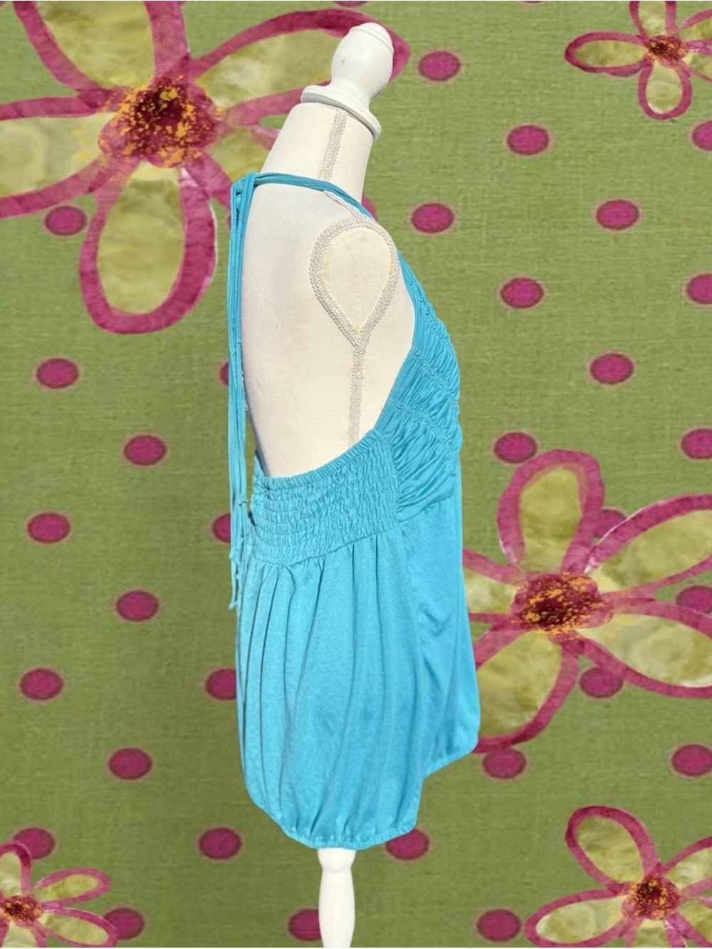 Halter Ruched Babydoll Tank Top - Blue - Picture 5 of 6
